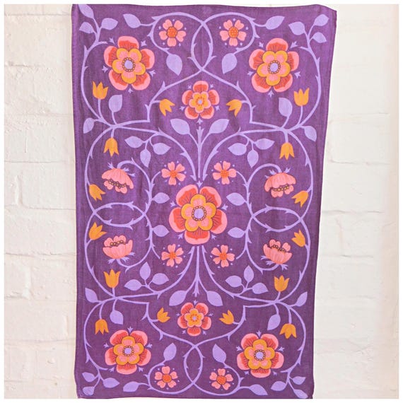 Vintage 60s Purple Orange Pink PSYCHEDELIC Cotton Tea Towel