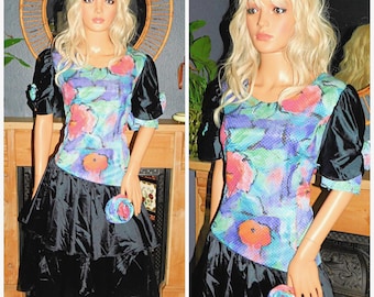 Vestido de festa vintage avant-garde floral bufante com mangas compridas, estilo Rara, tamanho 14 M, anos 80, com efeito molhado extremo.