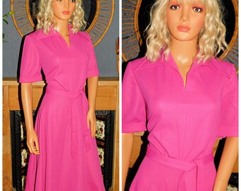 Vintage 70s 80s BUBBLEGUM Pink Wide Collar Belted Day Dress 16 L 1970s 1980s