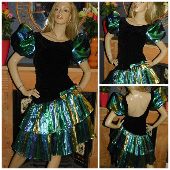Vintage 80s Mini Party Dress Black Rainbow Metallic 8 10