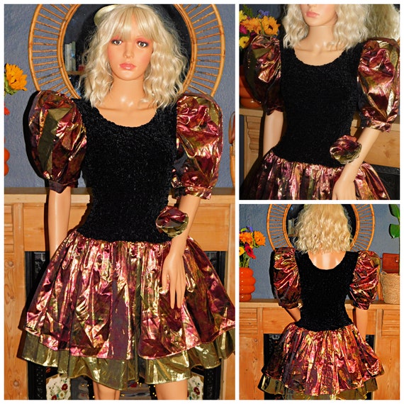 Vintage 80s Black METALLIC GOLD PUFF Slvd Drop Waist Prom Party Dress 8 10 S 1980s Kitsch Mini Avant Garde