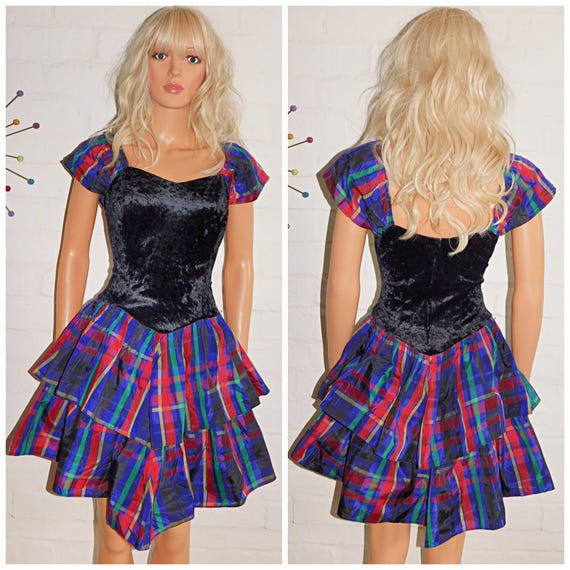 Vintage 1980s Black Red Purple Velvet TARTAN Drop Waist RARA Prom Party Dress 8 S Xs 80s KITSCH