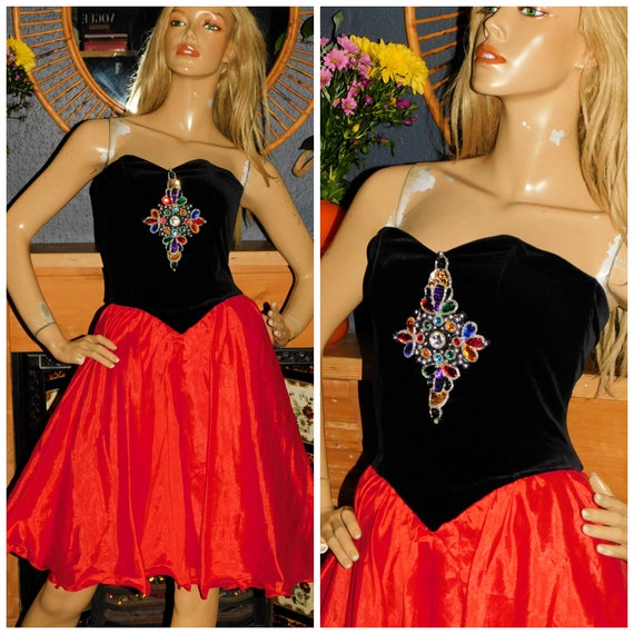 Vintage 80s Strapless Black Red Diamante SEQUIN Prom Party Dress 8 Xs S 1980s Kitsch