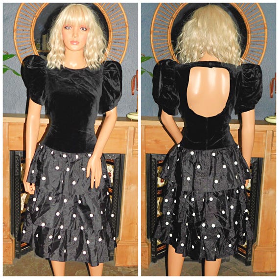 Vintage 80s Black White POLKA DOT Drop Waist Puff Slvd RARA Cutout Prom Party Dress 8 S 1980s Kitsch Cocktail Evening