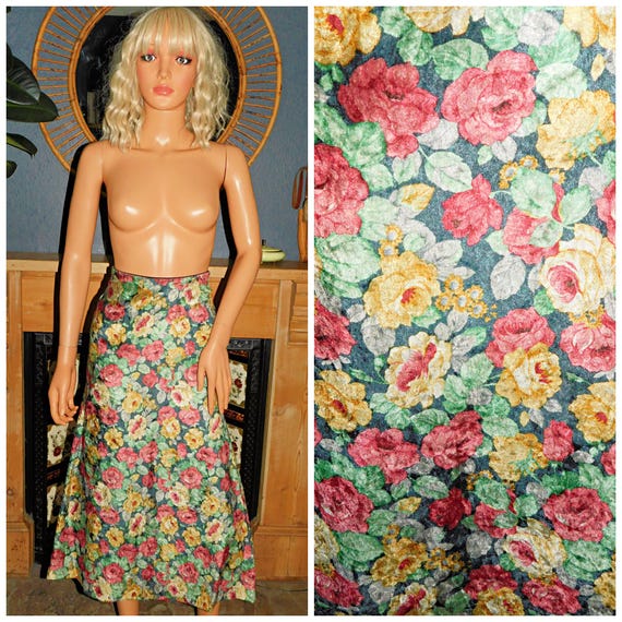 Vintage 90s Floral ROSE Velvet GRUNGE Midi Skirt 8 10 S 1990s Boho Multicoloured