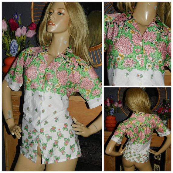 Vintage 70s White/Multicoloured GARDEN FLORAL Print Semi SHEER Blouse Shirt 14-16 M L 1970s