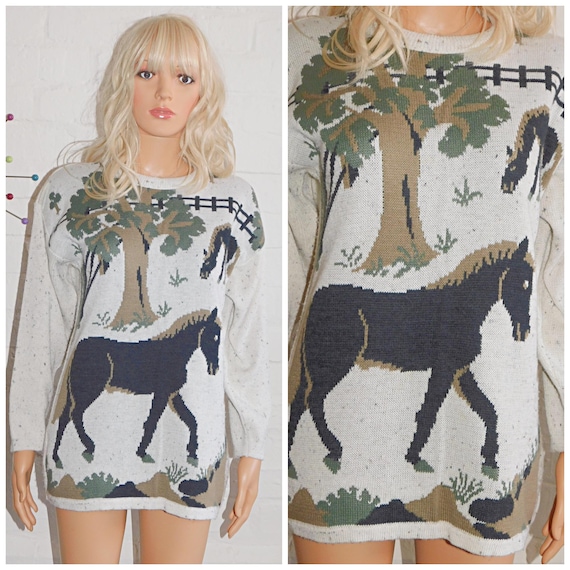 Vintage 90s HORSE And TREE Jumper Sweater XS S M 1990s Novelty Kitsch