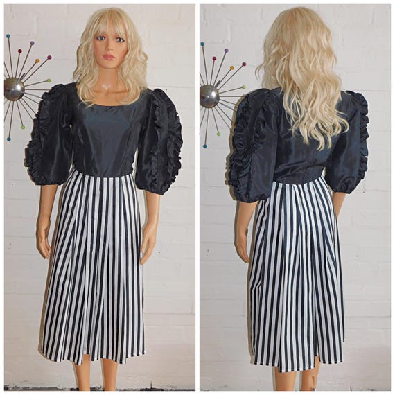 Vintage 80s Black White STRIPED PUFF Slvd Midi Dress 12 M 1980s Halloween Kitsch Avant Garde Prom Party