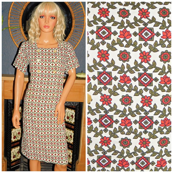 Vintage 50s KITSCH Multicoloured MID CENTURY Flower Print Drop Waist Day Dress 16-18 L 1950s Floral