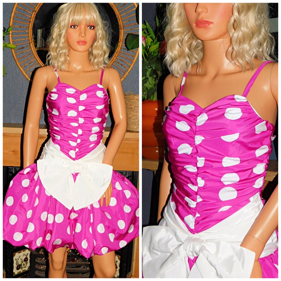 Vintage 80s Pink White POLKA Dot BUBBLE Hem BOW Prom Party Dress 6 Xs Xxs 1980s Kitsch Iconic