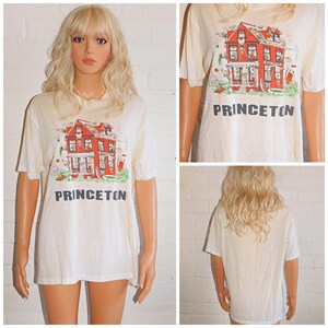 Vintage 80s Paper Thin Soft Single STITCH PRINCETON T Shirt M L 1980s Tee 50 50 Cream