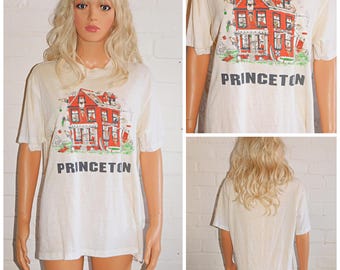 Vintage 80s Paper Thin Soft Single STITCH PRINCETON T Shirt M L 1980s Tee 50 50 Cream