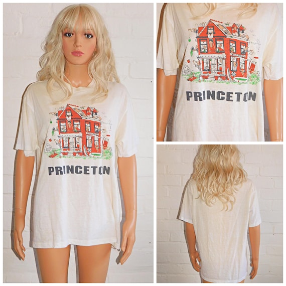 Vintage 80s Paper Thin Soft Single STITCH PRINCETON T Shirt M L 1980s Tee 50 50 Cream