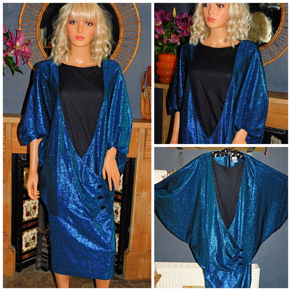 Vintage 80s AVANT GARDE Blue METALLIC Extreme Batwing Cocktail Party Dress S 1980s Trashy Cocoon Kitsch Fancy Prom