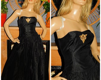 Vintage 80s 50s Revival BLACK Gold Strapless Prom Party dress 12 M 1980s Cocktail Full Swing skirt Rockabilly