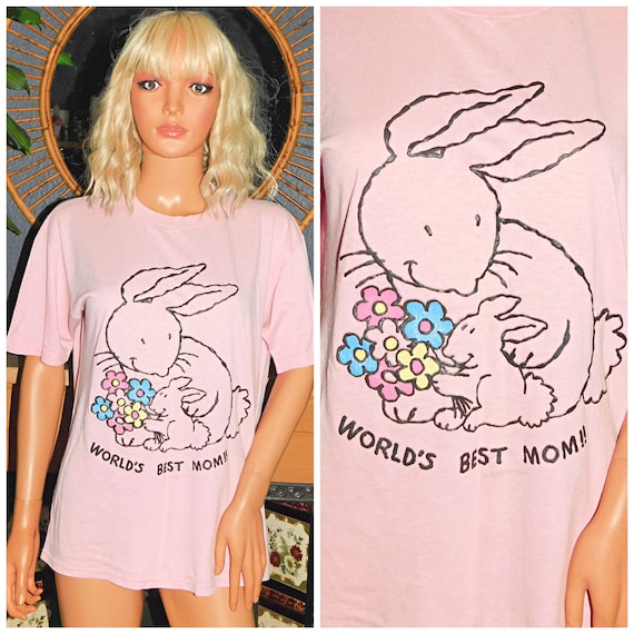 Vintage 90s Soft Single Stitch Pink WORLDS BEST MOM Print T Shirt M 1990s Unisex Graphic Tee Bunny
