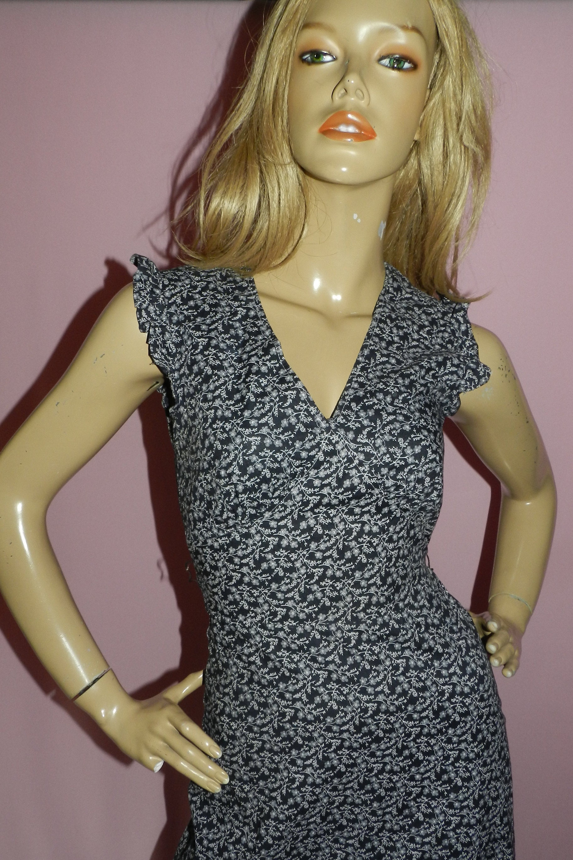 Vintage 70s BOHEMIAN Hippy Navy White DITSY Floral Boho Maxi dress 8 XS ...
