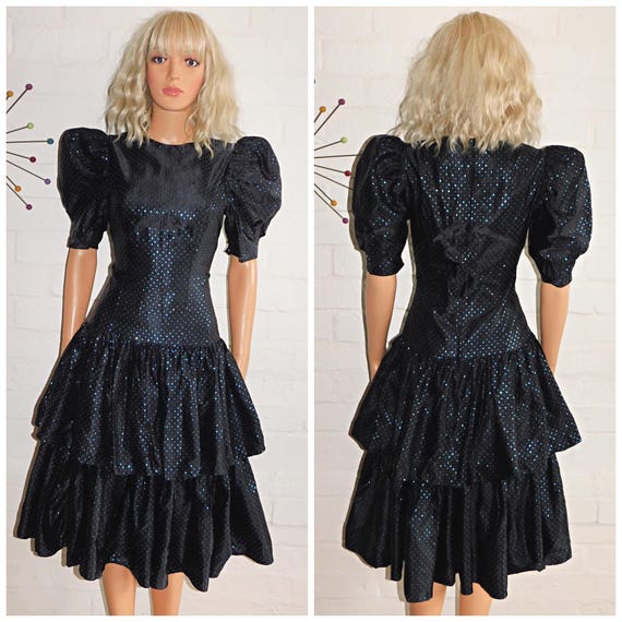 Vintage 1980s Black Blue SPOTTY Drop Waist RARA Prom Party Dress 8 S 80s Kitsch