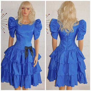 Vintage 80s Electric Blue BOW PUFF Slvd RaRa Princess Prom Party Dress 8 10 S 1980s Kitsch Extreme