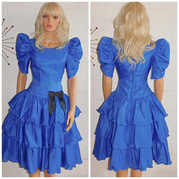 Vintage 80s Electric Blue BOW PUFF Slvd RaRa Princess Prom Party Dress 8 10 S 1980s Kitsch Extreme