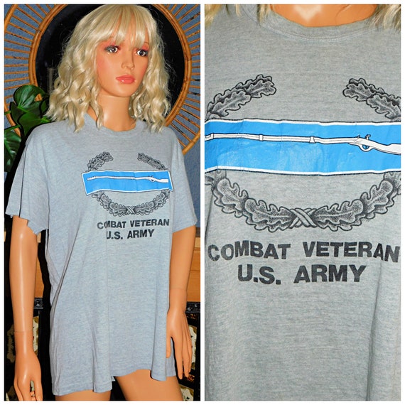 Vintage 90s THIN Single Stitch Grey Combat VETERAN Print T Shirt M L 1990s Tee Unisex Graphic US Army