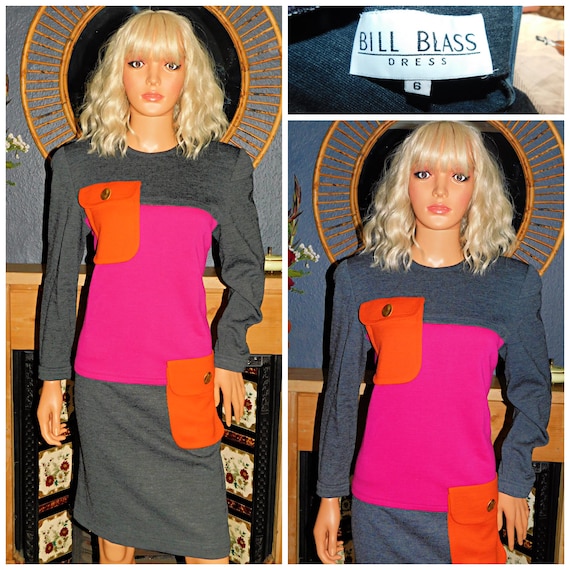 Vintage 80s BILL Blass Grey Pink Orange COLOUR BLOCK Day Dress 10 S 1980s Iconic Designer Extreme Avant Garde Big Pockets