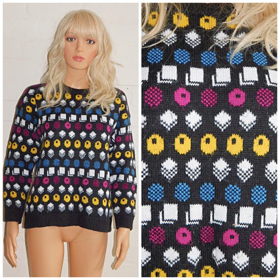 Vintage 80s Black Multicoloured LIQUORICE ALLSORTS Print Jumper Sweater S M 1980s Kitsch