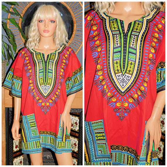 Vintage 90s does 70s Red Multicoloured BOHEMIAN Print FESTIVAL Caftan Tunic Top 16 18 20 L XL 1970s Southwestern Boho Hippy