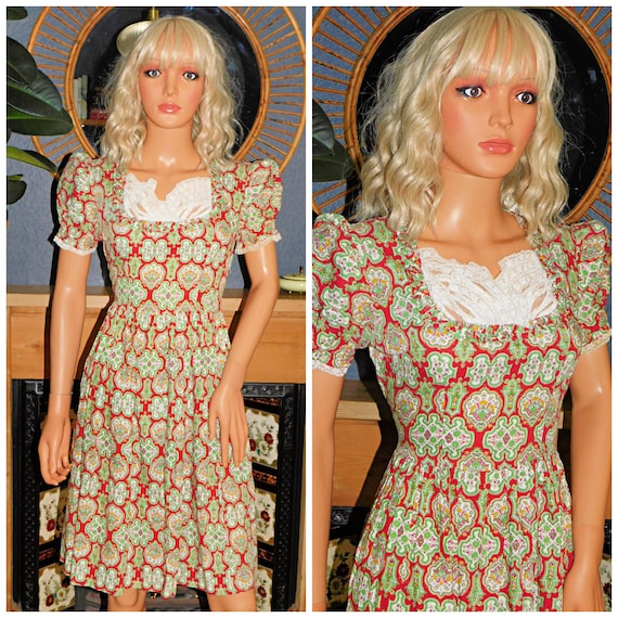 Vintage 50s Red Multicoloured Lace Trim Ornate Floral Print DIRNDL Tea Dress 12 M 1950s Cotton Mid Century Baroque Folk