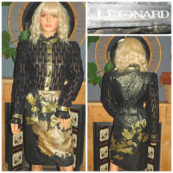 Vintage 80s ICONIC LEONARD Black Metallic Gold Semi Sheer Cocktail Dress 12-14 M 1980s Party Evening Baroque