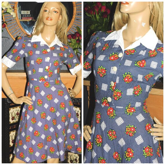 Vintage 60s Navy White Dotty FLORAL Contrast COLLAR CUFFS Kitsch Day Dress 10 1960s Cotton Modette Mod