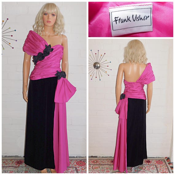 Vintage 80s AVANT GARDE Frank Usher Black Pink Velvet Prom Party Dress 10 S 1980s Cold Shoulder Extreme Cocktail