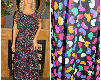 Vintage 70s CONFETTI Print Flutter BOHEMIAN Maxi Dress 8 10 S 1970s Boho Multicoloured