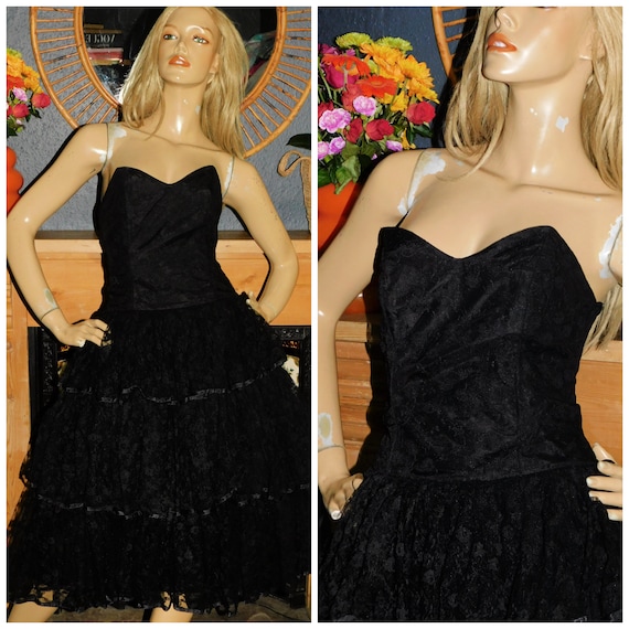 Vintage 80s Black Lace STRAPLESS Tiered BALLERINA RARA Prom Party Dress 6-8 Xs 1980s Kitsch Halloween Gothic