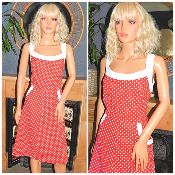 Vintage 70s Kitsch Red White POLKA DOT Pinnafore Dress 16 18 L 1970s