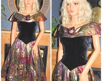 Vintage 80s Black Multicoloured METALLIC Prom Party Dress 8 10 S 1980s Kitsch Shawl Collar