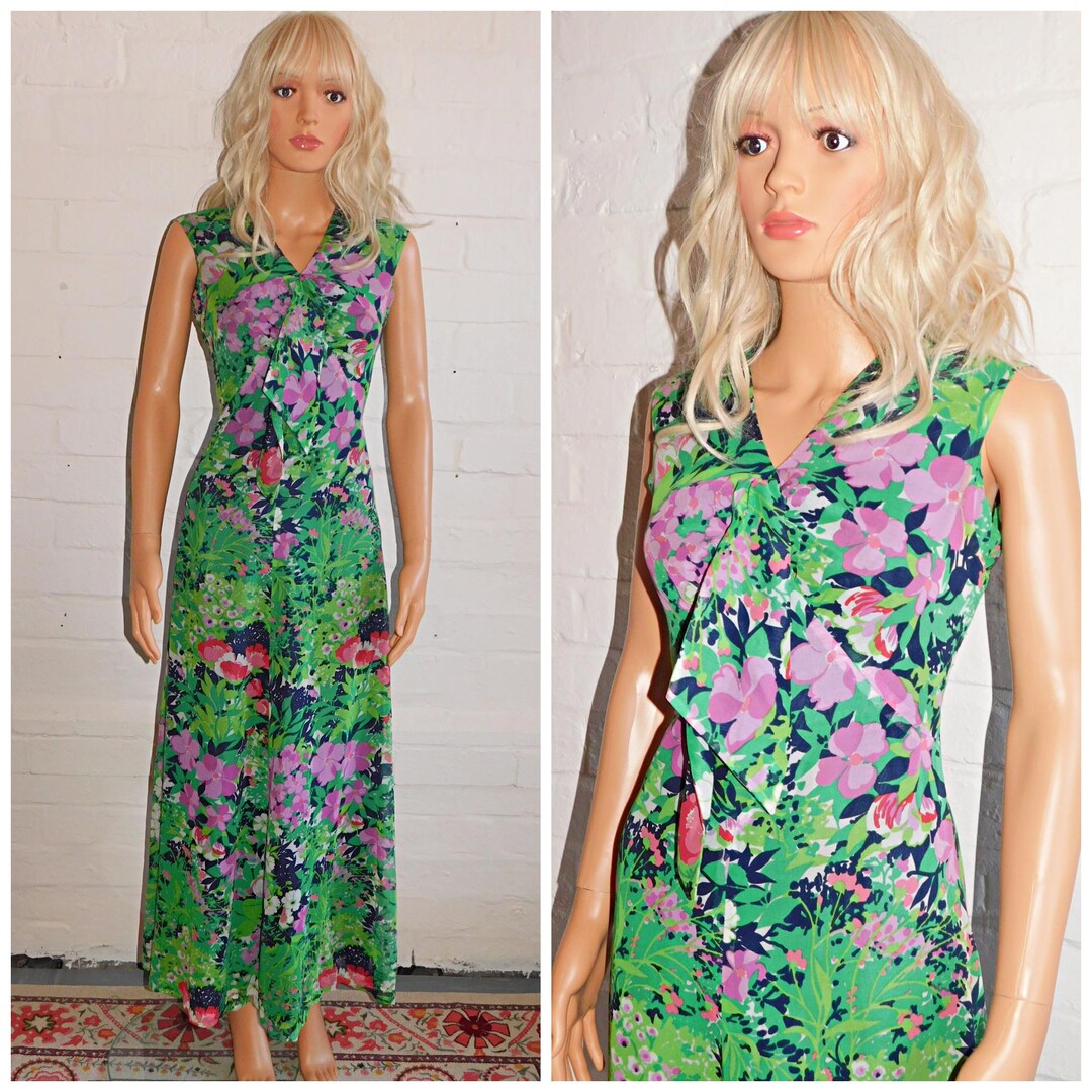VTG 60s 70s PURPLE PINK GREEN BEIGE FLORAL GEOMETRIC SLEEVELESS MAXI DRESS 10 main image 0
