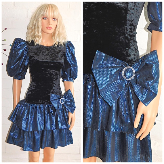 Vintage 80s Black METALLIC Blue BOW RaRa Prom Party Dress 6 8 Xs 1980s Kitsch Puff Sleeves Mini