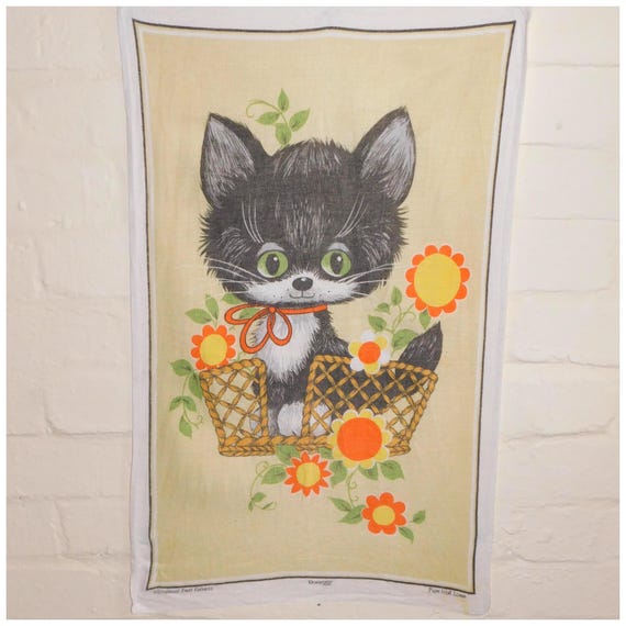 Vintage 60s 70s Dunmoy CUTE KITTY Irish Linen Tea Towel Kitchenalia Cat Gift