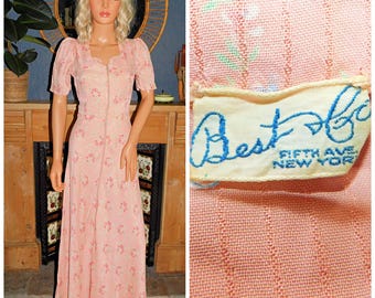 Vintage 30s BLUSH Pink FLORAL Print Zipper Front Maxi Starlet Dress 8 Xs 1930s Best & Co