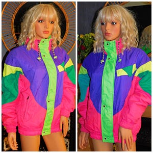 Vintage 80s Purple Green Pink Yellow Colour Block PADDED SKI