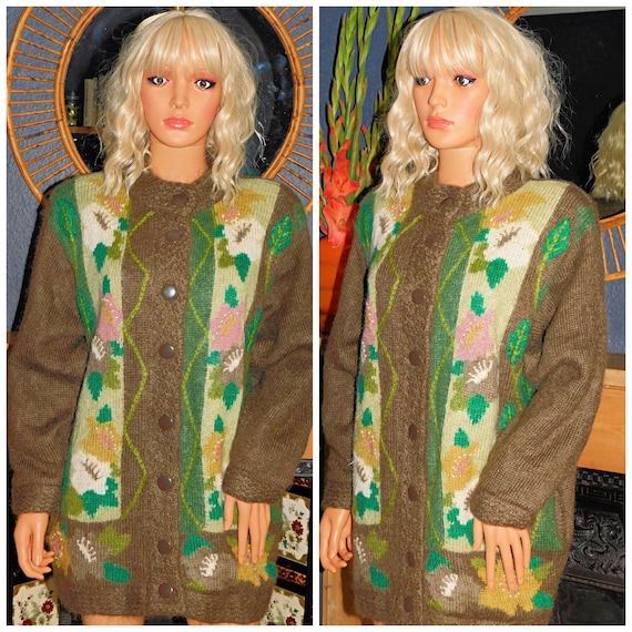 Vintage 80s Khaki Green Multicoloured Applique Oversized Slouchy MOHAIR Wool Cardigan S M 1980s Kitsch Trashy POCKETS