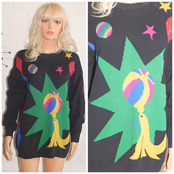 Vintage 80s Lambswool SEALION NOVELTY Print Jumper Sweater M 1980s Kitsch