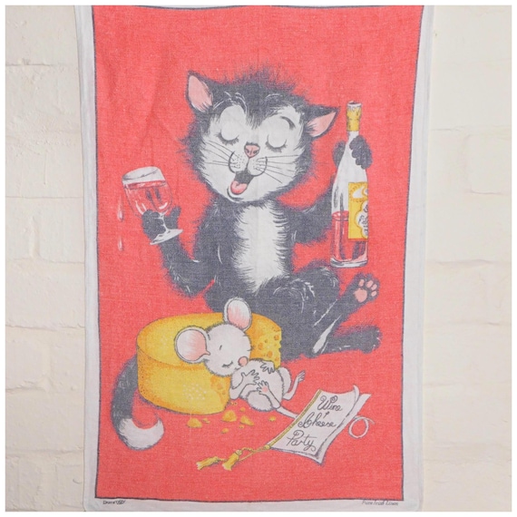 Vintage 60s 70s Dunmoy Cheese and Wine Party Irish Linen Tea Towel Kitchenalia Cat Mouse