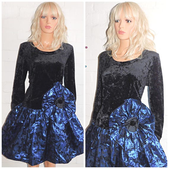 Vintage 1980s Avant Garde Black METALLIC Blue Velvet Drop Waist Puffball Prom Party Dress 80s 16 18 L Xl 80s Kitsch