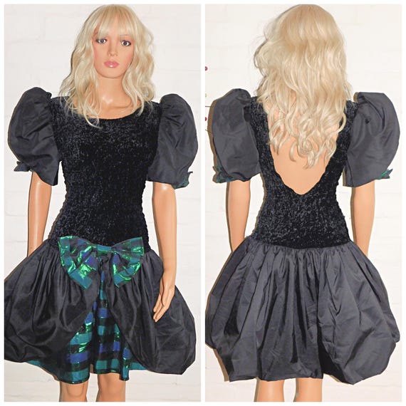 Vintage 80s Black Green Blue METALLIC BOW Front Prom Party Dress 12 14 M 1980s Extreme Avant Garde Kitsch Bubble Hem Mini Puffball Check