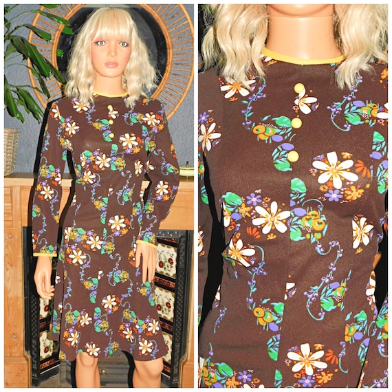 Vintage 60s Brown FLOWER POWER Mod Scooter Dress 12 14 M 1960s Modette Kitsch