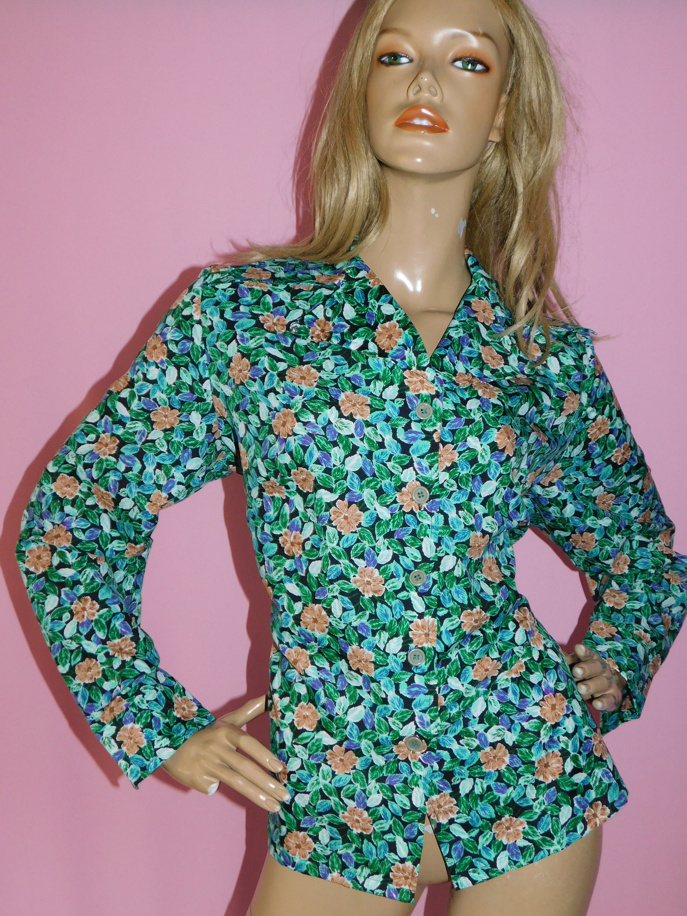 Vintage 70s does 40s Green FLORAL Print Wide Collar Shirt Blouse 20 22 ...