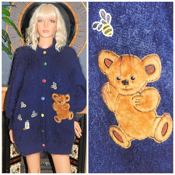 Vintage 80s Novelty Navy Applique TEDDY MOHAIR Shaggy OVERSIZED Slouchy Cardigan S M 1980s Kitsch Wool Fluffy Honey Bees Kitsch