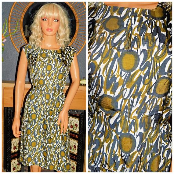 Vintage 50s 60s Green ABSTRACT MID CENTURY Print Drop Waist Mod Day Dress 12 M 1950s 1960s